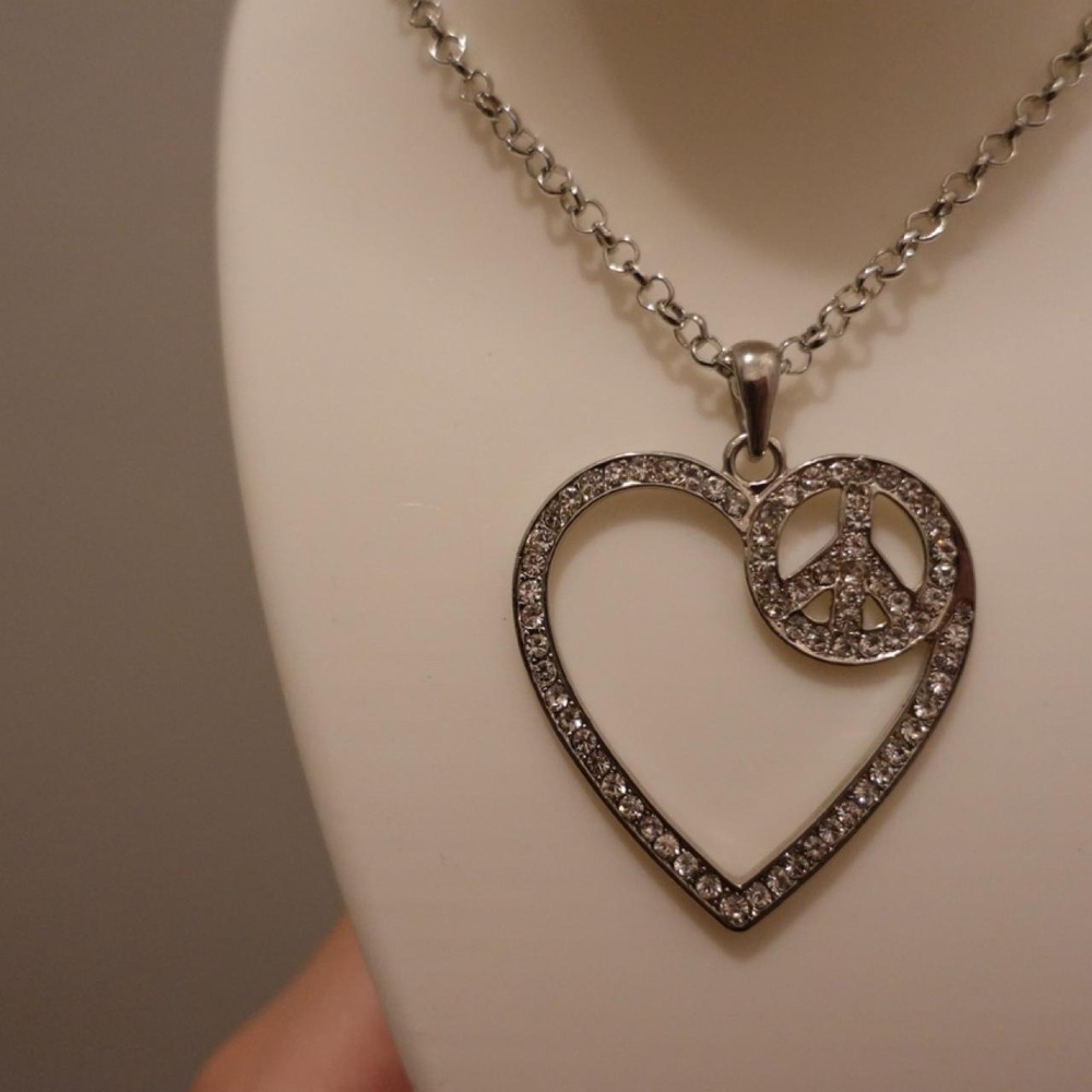 Peace and Love Long Silver Necklace - Picture 2 of 3
